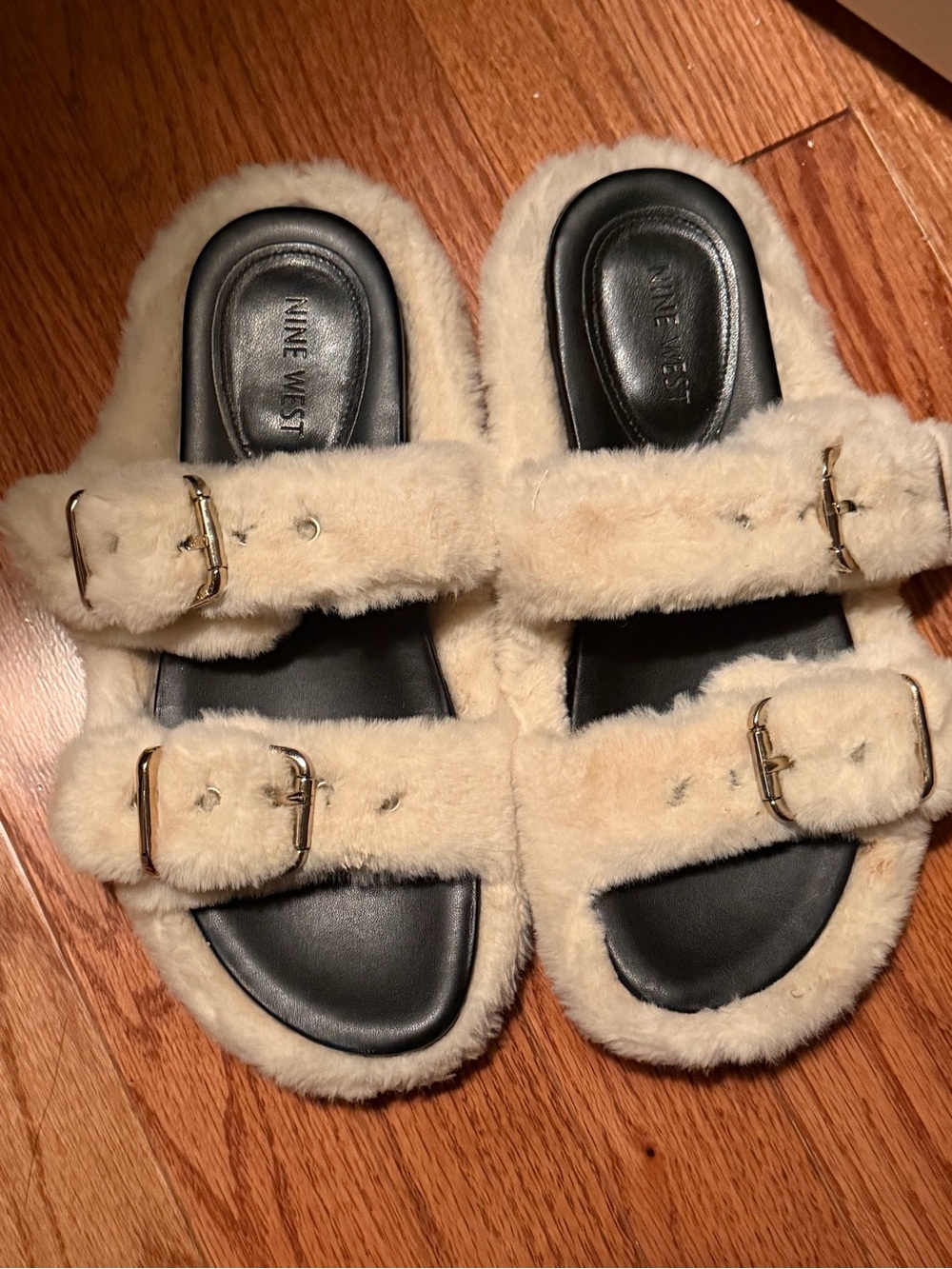 Nine West Kids Cream Faux-Fur Double Buckle Slides with Black Footbed